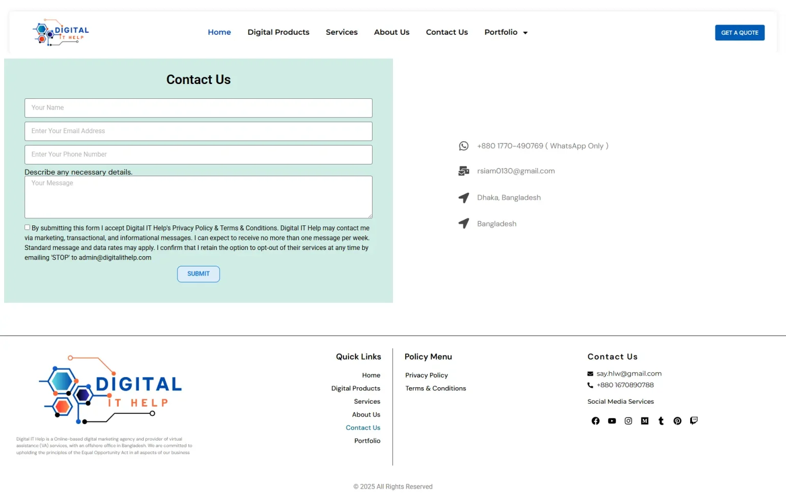 Digital IT Help Website Demo - Contact Page - saimoonwpdev - Wordpress Web Design - Elementor Design